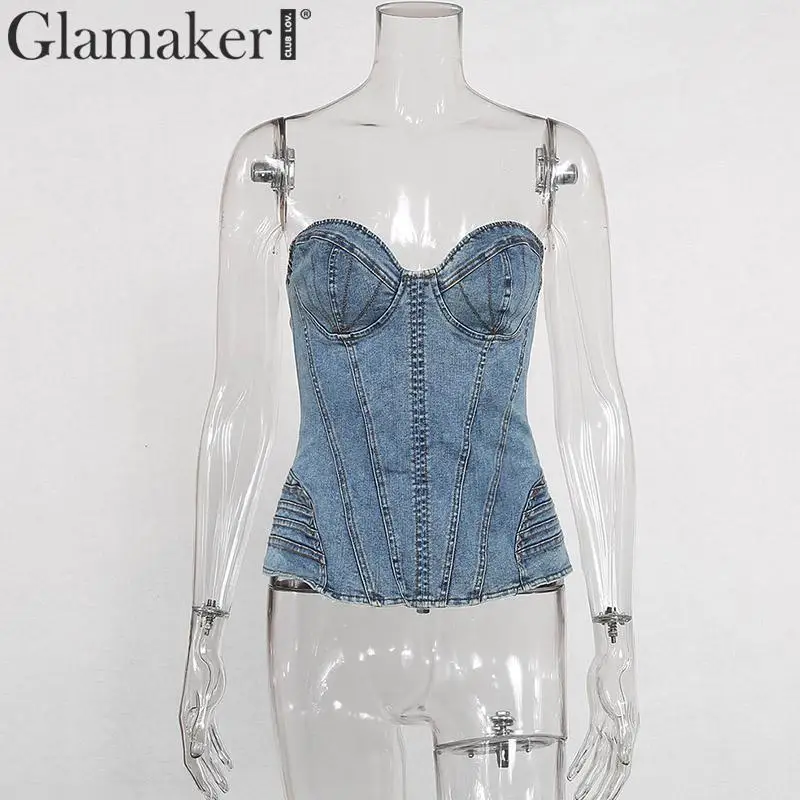 Glamaker сексуальный джинсовый женский праздничный топ на бретельках, модный синий короткий топ без рукавов, женские вечерние облегающие Топы