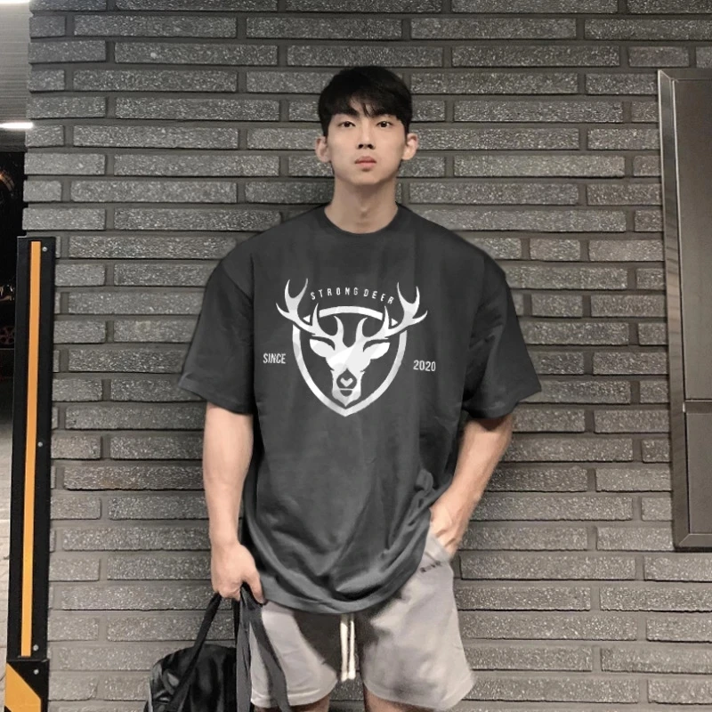 

Summer new print loose muscle fitness top young men's training leisure sports short sleeve T-shirt