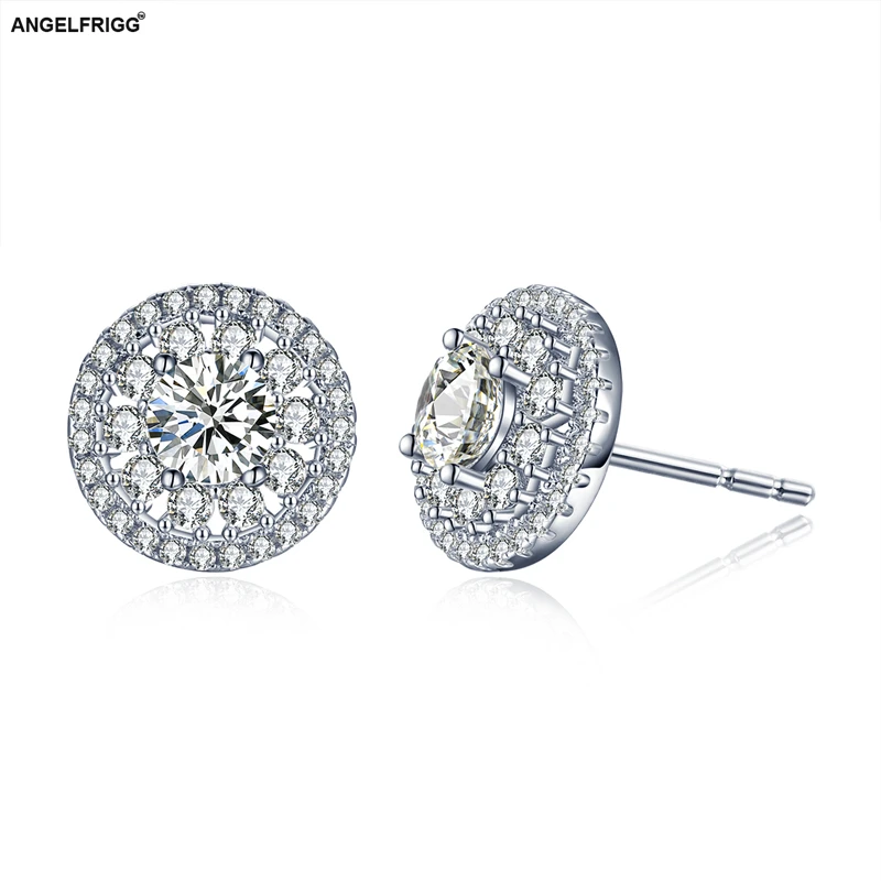 ANGELFRIGG Silver Color Round Stud Earrings With Clear CZ For Women Birthday Valentine's Day Fashion Jewelry Bijoux Brincos | Украшения
