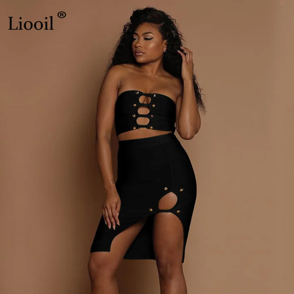Liooil из двух частей сексуальный без бретелек разрез Bodycon мини платье без рукавов выдалбливают черный бесшовная плотно прилегающая юбка платья женские вечерние ночной клуб
