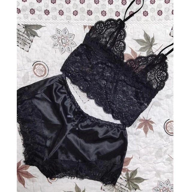 Women pajamas Lace Sexy Lingerie Sleepwear Nightdress Tops Shorts Set Women's Home Dresses Babydoll Yoga Underwear Nightgown Black