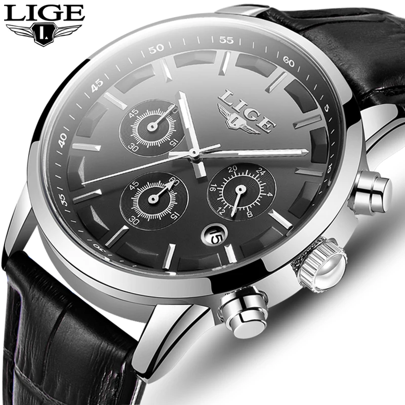 LIGE Fashion Chronograph Clock Men Leather Watch Casual Waterproof Sport Watches for Quartz Wristwatch Relogio Masculino | Наручные часы