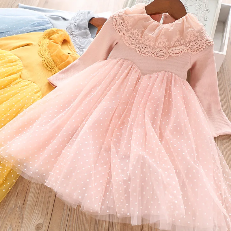 

31950 19 Autumn 3-Color 077 Lace Ruffled Collar Polka Dot Joint Mesh Dress Girls Dress