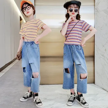 

Summer new 6-11 year old girl in the big boy striped jacket short-sleeved hole denim nine points pants casual fashion girl suit
