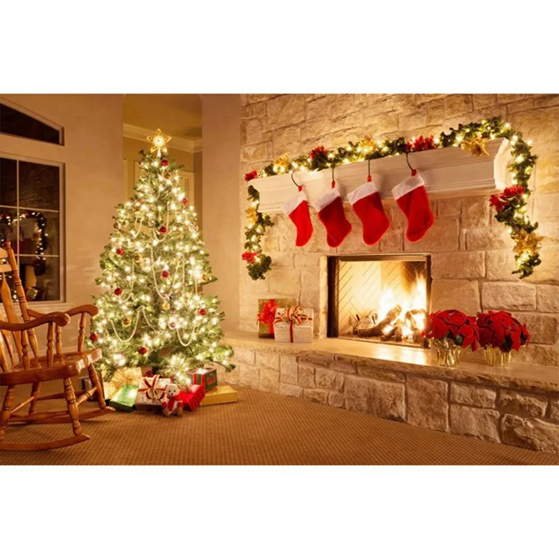 Photography Backdrops Christmas Tree Fireplace Background for Picture Red Socks Xmas Party Decor Family Photo Studio Backdrop