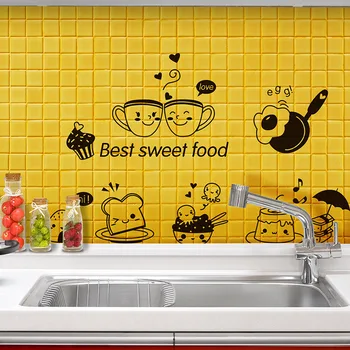 Cute Dessert Icon Wall Sticker For Kitchen Dining Room Dinner Kitchen Wallpaper DIY Self Adhesive Cooking Pattern Decal Oilproof