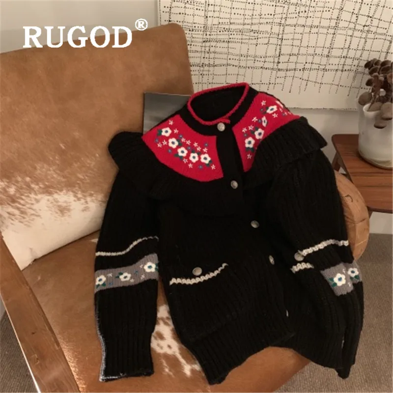 RUGOD осень зима стиль Шикарный цветочный принт милый вязаный свитер однобортный Kawaii кардиган Kpop одежда мода