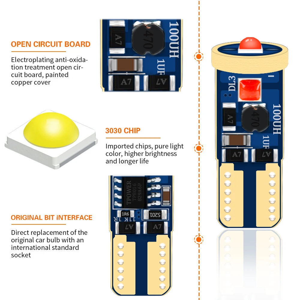 100 шт. T10 W5W 168 194 3030smd 3 светодиодный Canbus светодиодный светильник для салона, чтения, Купола, карты, авто светильник для номерного знака белого цвета
