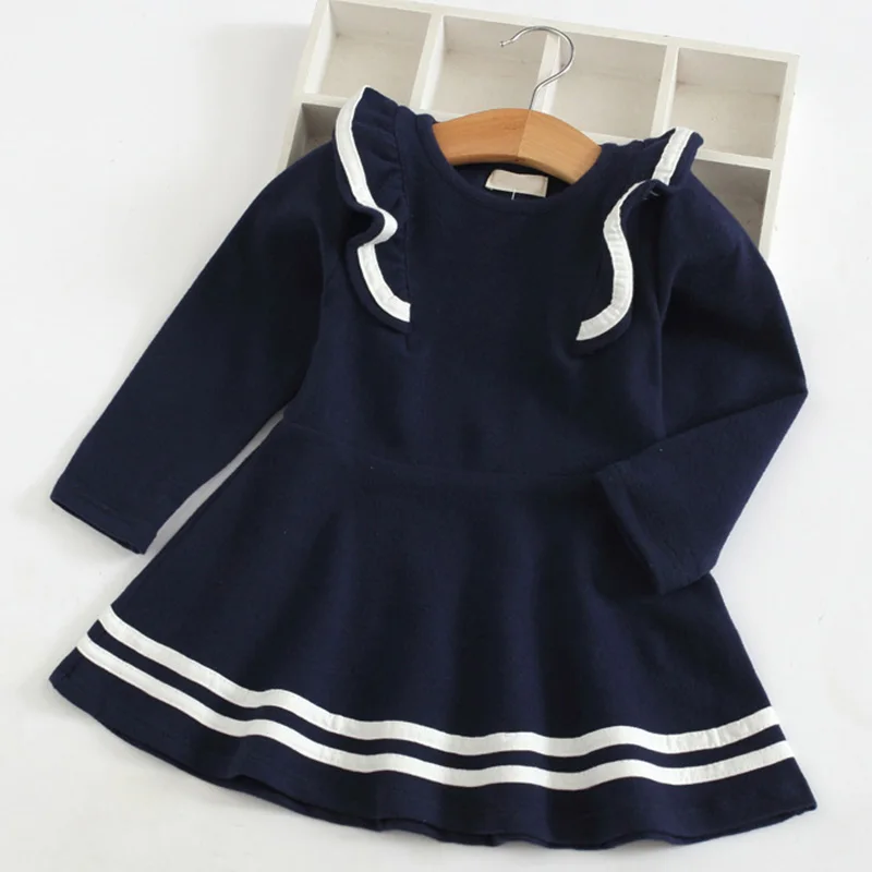 Menoea/платье для девочек новая осенняя одежда трапециевидной формы в полоску с длинными рукавами для детей от 3 до 7 лет, Вечерние Платья повседневные Детские платья с оборками - Цвет: AZ1747 navy blue