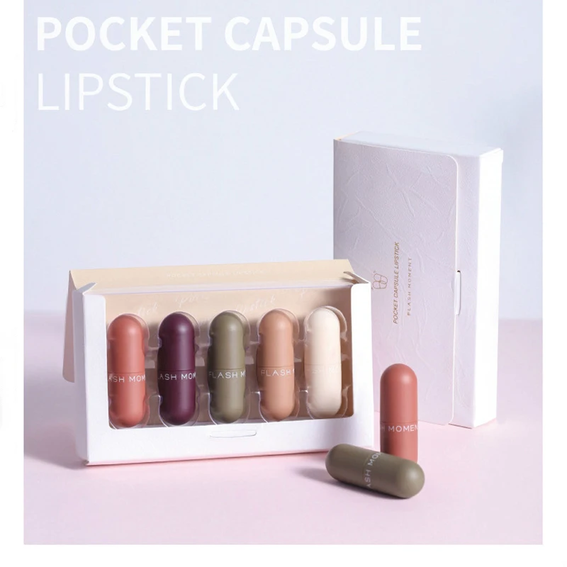 

Mini Capsule Lipstick Set 5 Colors Matte Lip stick Set Waterproof Long Lasting Lip Gloss Nude Velvet Pigment Batom Women Fashion