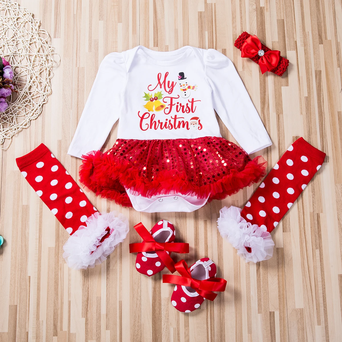 Детская Рождественская одежда; коллекция года; Одежда для маленьких девочек на Рождество; платье; обувь; гетры; комплект из 6 предметов