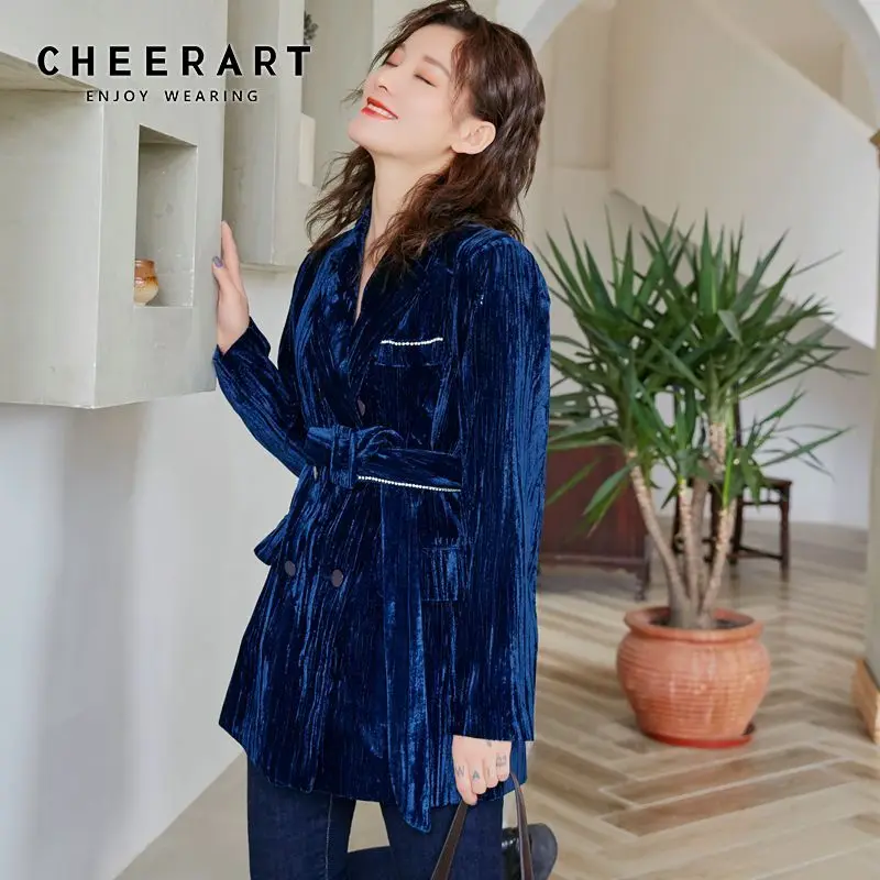 CHEERART синий бархатный блейзер для женщин алмаз двубортный Блейзер Дамский модный костюм куртка Верхняя одежда для женщин s