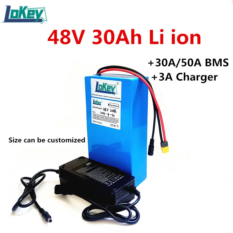 

48V 30Ah 13S Lithium battery pack for 1000W ebike scooter 2000W motorcycle golf trolley with 54.6V 3A charger