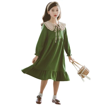 

green ruffle long dress age for 6 - 16 yrs teenage girls school style dress children clothes 2020 new autumn winter kids frocks