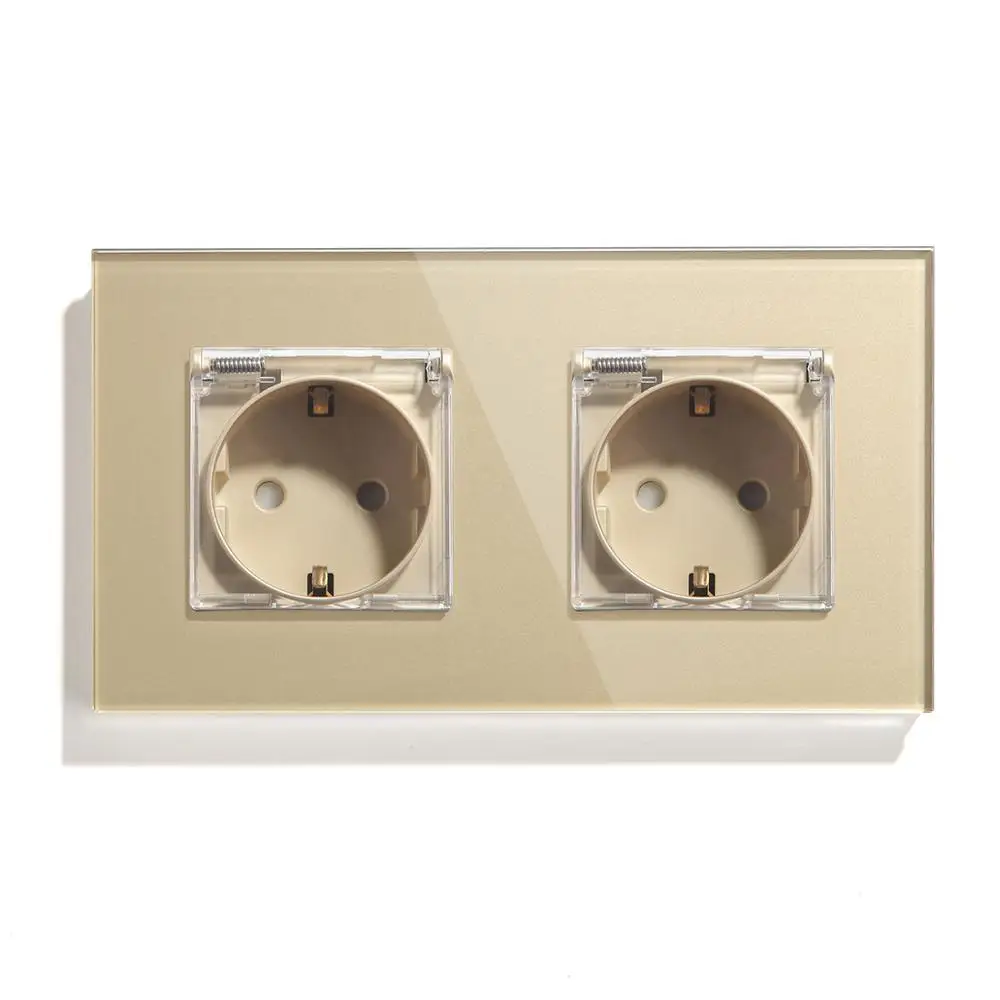 Golden Waterproof BSEED Водонепроницаемый двойная розетка настенная розетка стандарта ЕС 16A 110 V-250 V белого и черного цвета с золотыми с украшением в виде кристаллов Стекло Панель настенная розетка - Тип: Golden Waterproof
