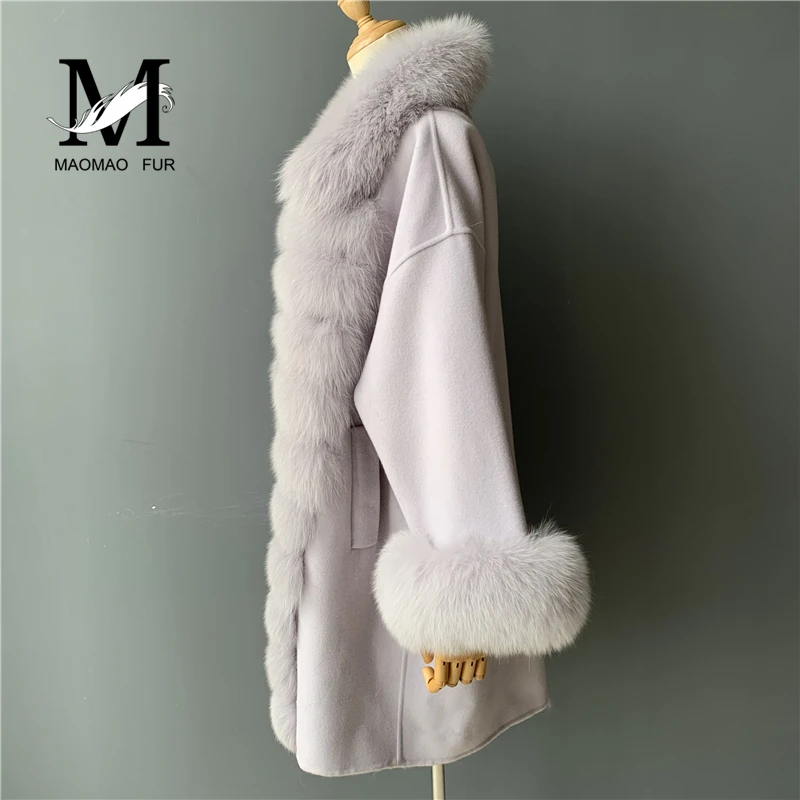 MAOMAOFUR кашемировое шерстяное пальто для женщин, длинный стиль, длинные рукава, воротник из натурального Лисьего меха, Полоска, пиджак с манжетами, Женское шерстяное пальто