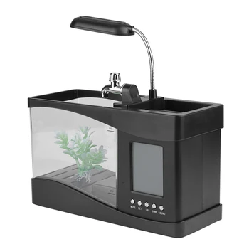 

Multifunctional USB Rechargeable Mini Fish Tank Aquarium with Clock Function LED Light with small drawer and a pen container