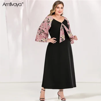

Amtivaya Plus Size Dress Spring 2020 Sweet Bow Floral Patchwork Long Sleeve Midi Dresses Fashion Pink Black Color Block Female