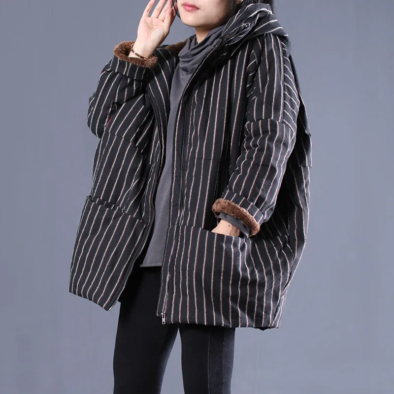 Mori girl/новая зимняя Свободная Повседневная стеганая куртка в полоску с капюшоном, пальто с мехом ягненка, куртка - Цвет: Черный