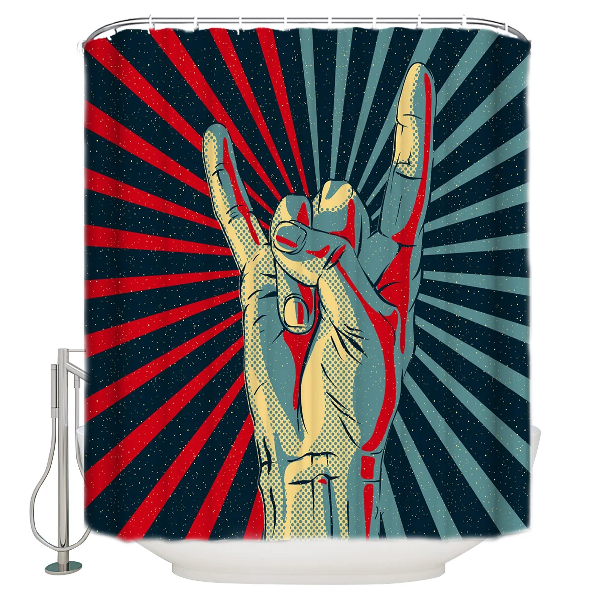 Gesture Arm Red And Blue Hand Striped Finger Gesture Rock Retro Devil Caucasian Cultural Symbol Shower Curtain Bathroom Decor