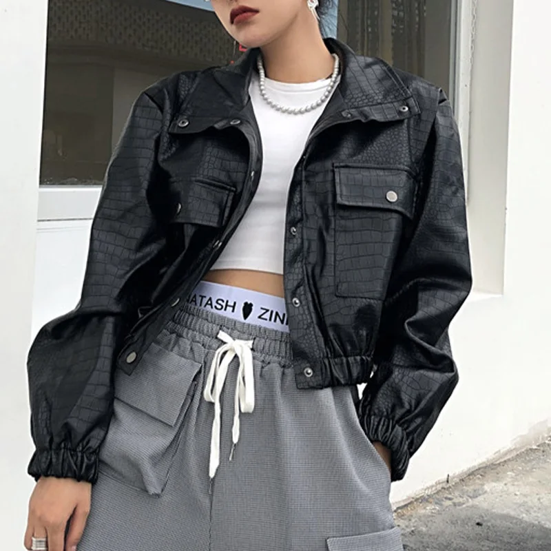 Crocodile Pu Leather Women's Jackets Casual Long Sleeve Pocket Slim Cropped Jacket Women Streetwear 2021Autumn Fashion Lady Coat | Женская