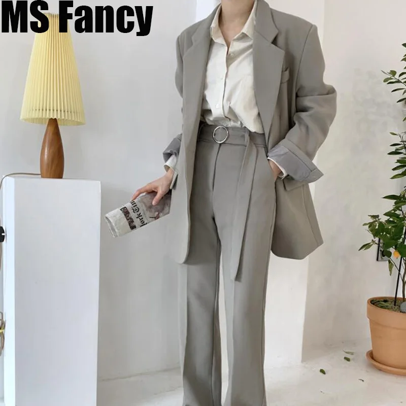 

Autumn Elegant Gray Two Piece Lapel Loose Coat High Waist Stem-pipe Pants Suit Jackets for women Black Jacket