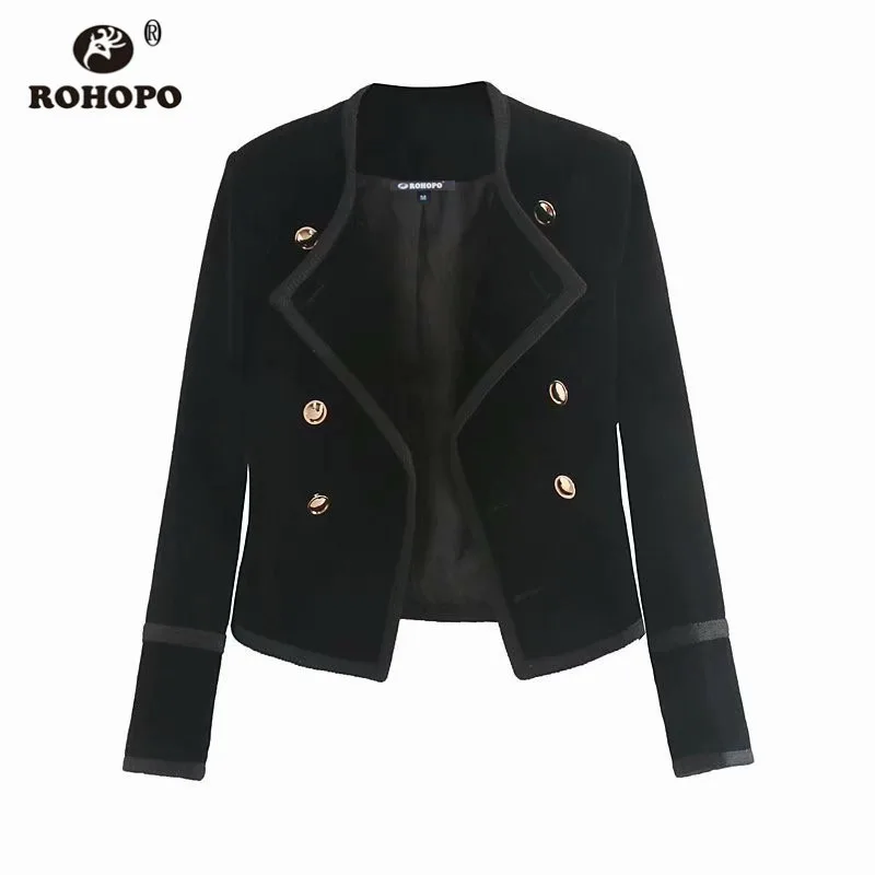 

ROHOPO Double Buttons Velvet Black Slim Jacket Notched Collar British Academy Solid Vintage Outwear #1016