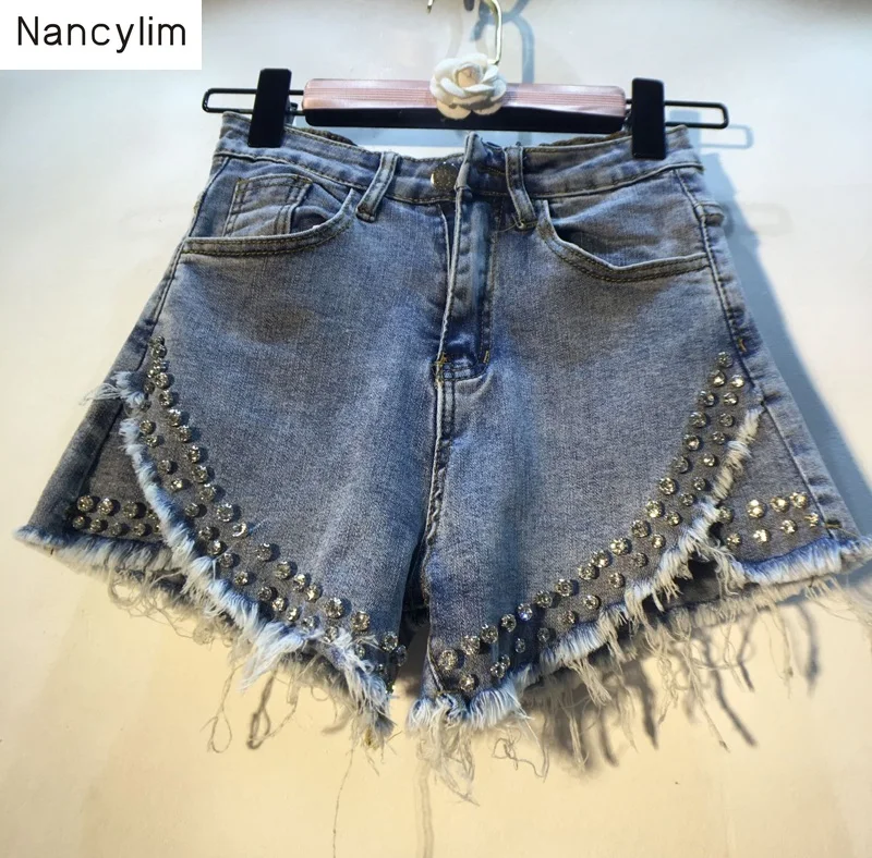 Летние алмазные шорты для женщин в европейском стиле Тяжелая дрель Высокая талия тонкий эластичный RippedEdge джинсовые шорты студенческие горячие брюки