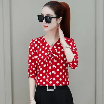 

Autumn fashion polka dot chiffon shirt female loose and thin V-neck long-sleeved shirt temperament bottoming shirt
