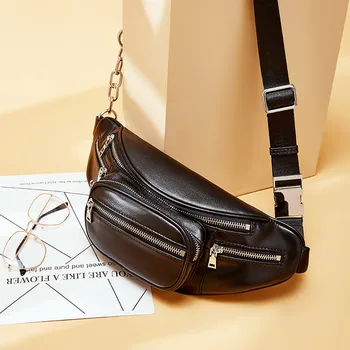 

Genuine leather Fashion brand Woman Real Leather Chain Chest Bags Cowskin Single Shoulder Bag cross-body bag fanny pack