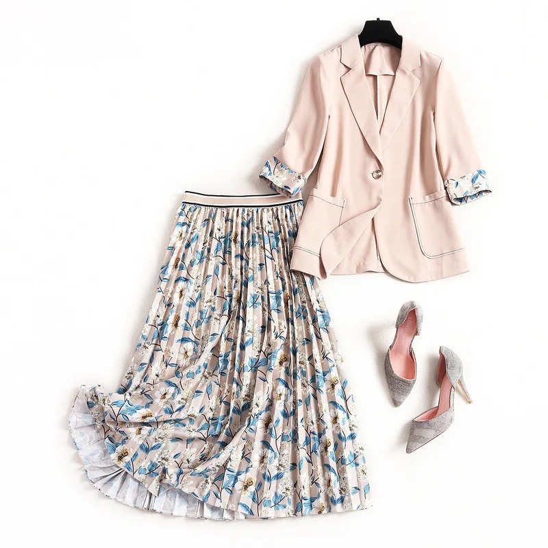 

Europe and America 2021 summer new style pure color suit short sleeve pleated skirt two piece skirt