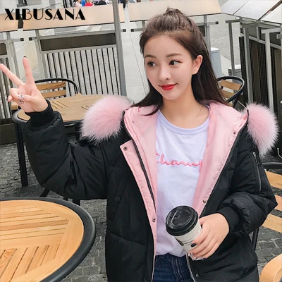 

XIBUSANA 2020 Winter New Long Sleeve Letter Cotton-down Jackets Lady Thickened Casual Acetate Hooded Hairy Collar Out Coat Women
