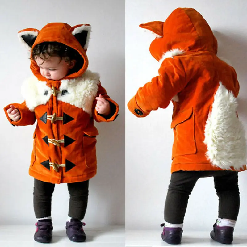 Зимнее теплое пальто на пуговицах с капюшоном и рисунком лисы для маленьких девочек и мальчиков, куртка, верхняя одежда