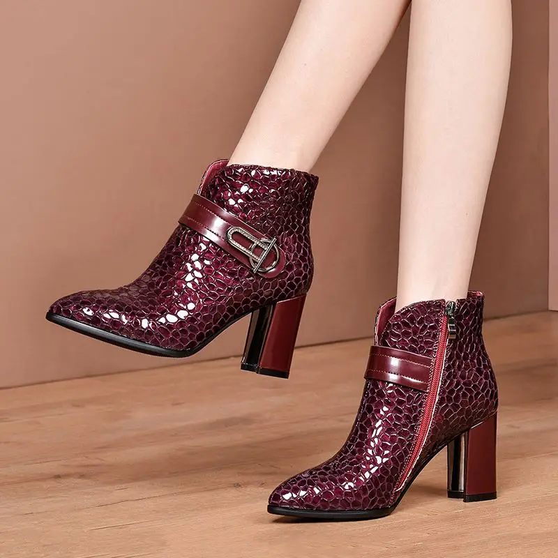ALLBITEFO real genuine leather Belt buckle women boots pointed toe high heel ankle boots fashion girls boots Autumn Winter