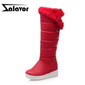 

ZALAVOR Women Winter Snow Boots Buckle Plush Platform Shoes Women Heels Knee High Boots Lady Inside Fur Footwear Size 30-42