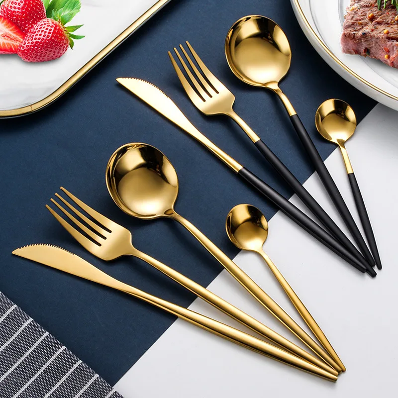 US $20.67 24pcs Gold Dinnerware Set 1810 Stainless Steel Cutlery Set Tableware Dinner Knife Fork Spoon Flatware Set Dishwasher Safe
