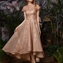 Сверкающее расшитое блестками розовое Золотое платье для выпускного вечера с короткими рукавами и круглым вырезом, ТРАПЕЦИЕВИДНОЕ специальное вечернее платье