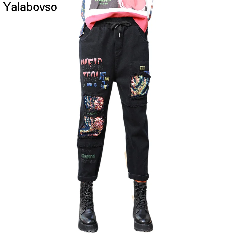 

M L Size Softner Denim Harem Pants Female Trousers Korean Styles Streetwear Spring 2021 New Casual Hole Sequin Jeans For Women
