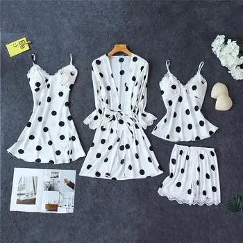 

Women's dots four-piece pajamas spring and autumn sexy suit with chest pad V-neck strap nightdress