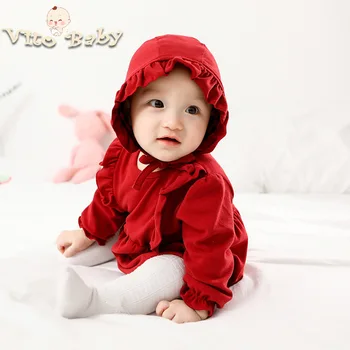 

VITO New Baby Girls Clothes Spring Baby Romper Long Sleeve & Stringy Selvedge Baby Clothes Wine Red Color Birthday Party Clothes