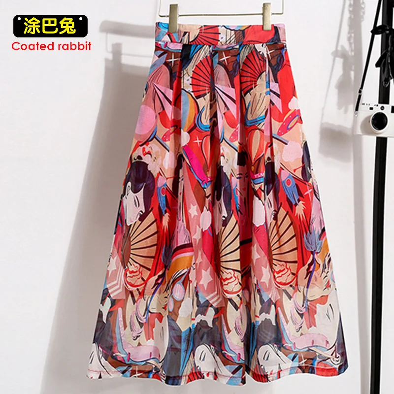 CR Woman High Waist Summer A-line Vintage Skirt Beauty Floral Pattern Autumn Midi Skirts Bright Red Casual Party Date Streetwear | Женская
