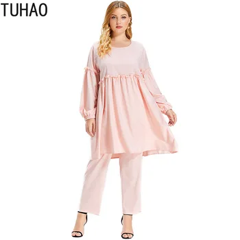 

TUHAO 2020 Spring Summer Women Set Shirt Pant Plus Size 4xl 3xl Sets Vintage Pure Pink Suit Casual Clothes WM2