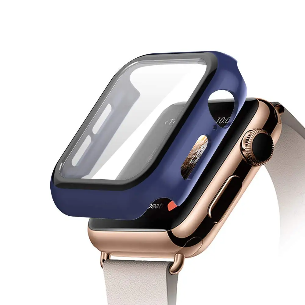 Mindnight blue Закаленное стекло+ чехол для apple watch 5 4 44 мм 40 мм iWatch 3 2 1 42 мм 38 мм защита экрана+ чехол бампер аксессуары для apple watch - Цвет: Mindnight blue
