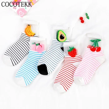 

2020 New Fashion Glass Crystal Silk Women Socks Summer Autumn Cartoon Cute Banana Avocado Strawberry Fruit Series Girls Gifts
