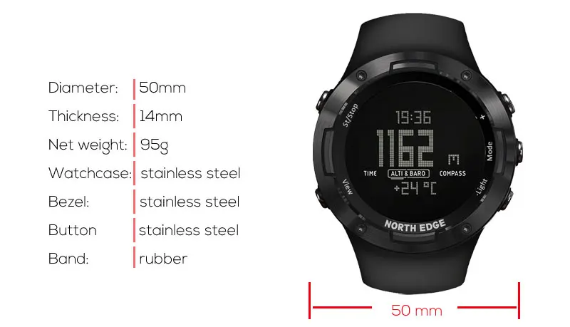 Цифровые водонепроницаемые спортивные часы NORTHEDGE, мужские часы с резиновым ремешком, часы с отслеживанием направления, цифровые часы с компасом