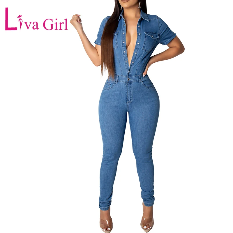 LIVA девушка модный сексуальный синий джинсовый комбинезон для женщин повседневный v-образным вырезом карандаш с коротким рукавом джинсовые брюки для женщин брюки цельный s-xl
