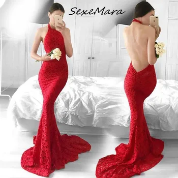 

Party Night Fashion Sexy Women Maxi Dress 2020 Elegant Halter Lace Backless Slim Red Dress