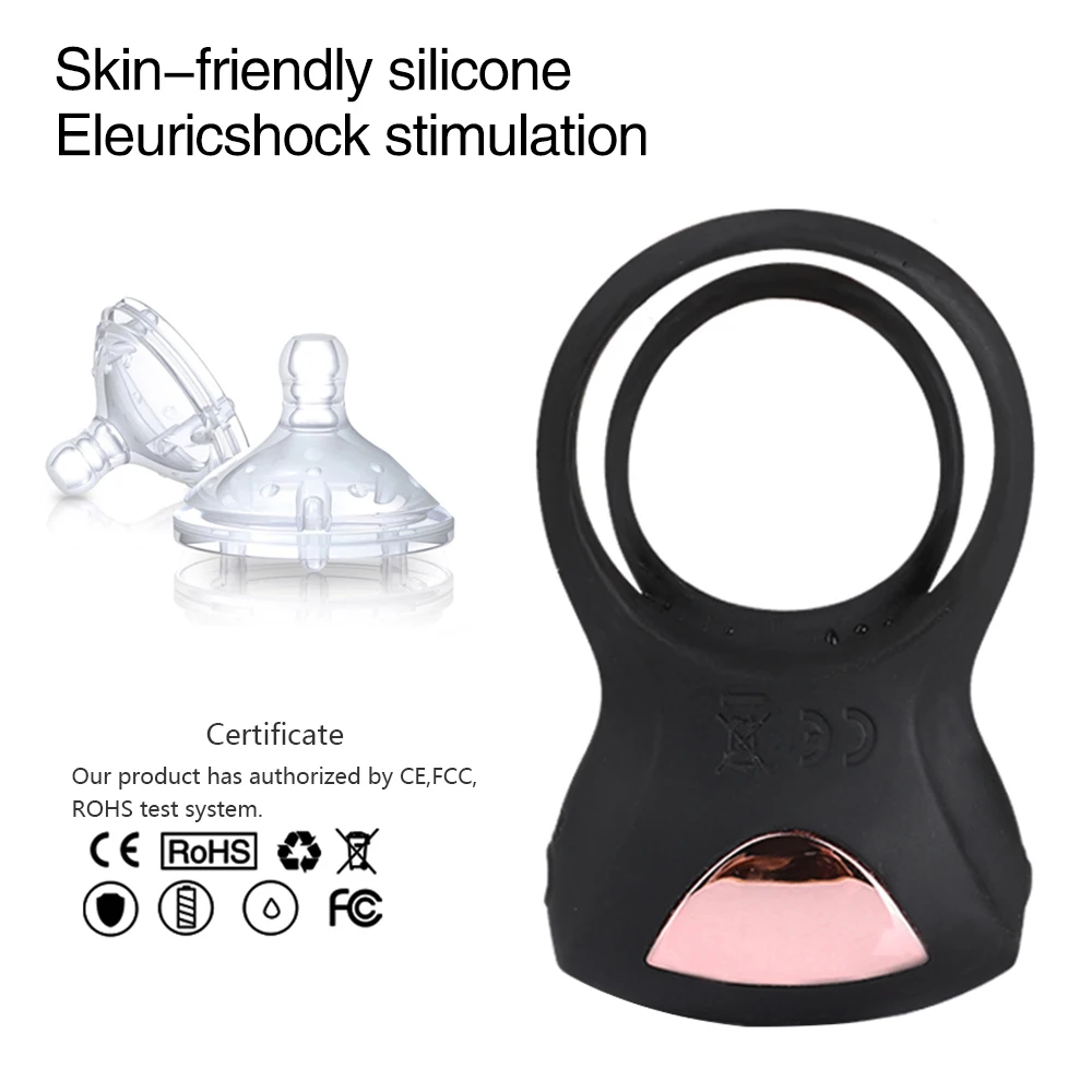 Dual Vibrating Silicone Cock Ring With Electric Shock For Men_voghion.com