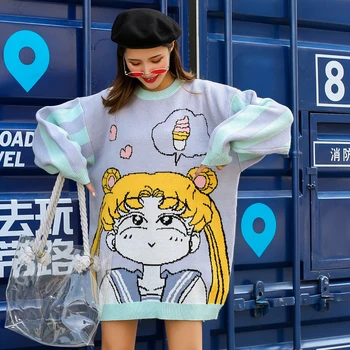 

2019 autumn and winter Korean version of the sweet net red cartoon beautiful girl color matching long knit sweater female loose