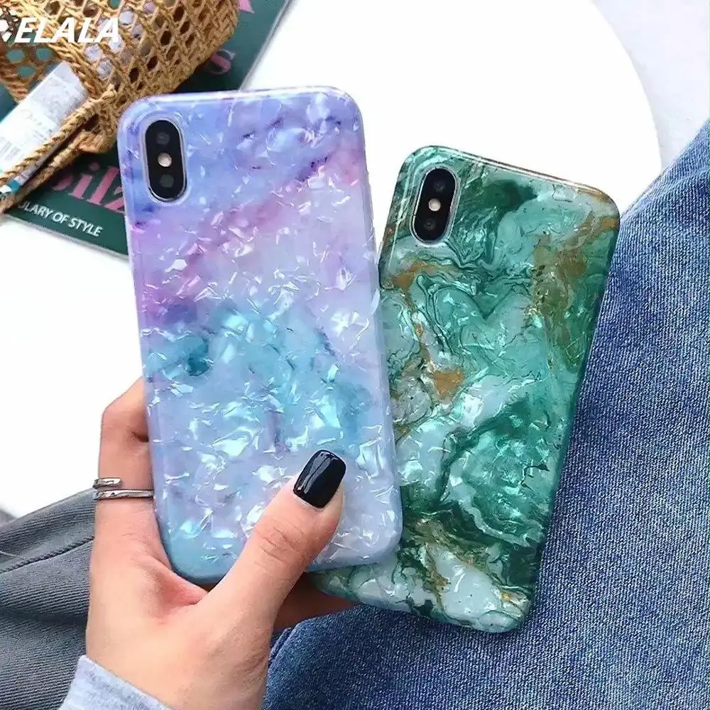 ELALA Glossy Marble Case For iPhone 11 Pro Glitter Patterned Conch Silicon Cover 6s 7 8 Plus XR X XS Max | Мобильные телефоны и